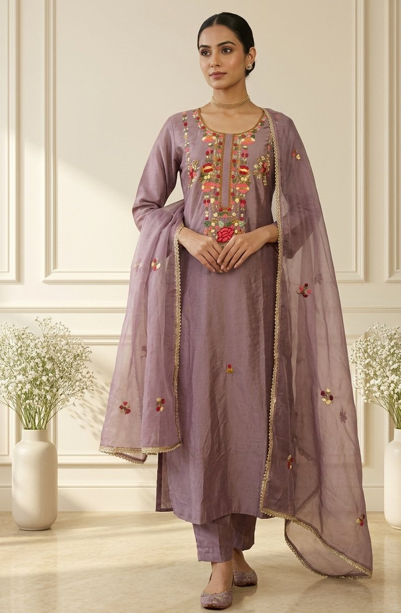 Mauve Silk-Blend Hand-Embroidered Kurta Set with Organza Dupatta