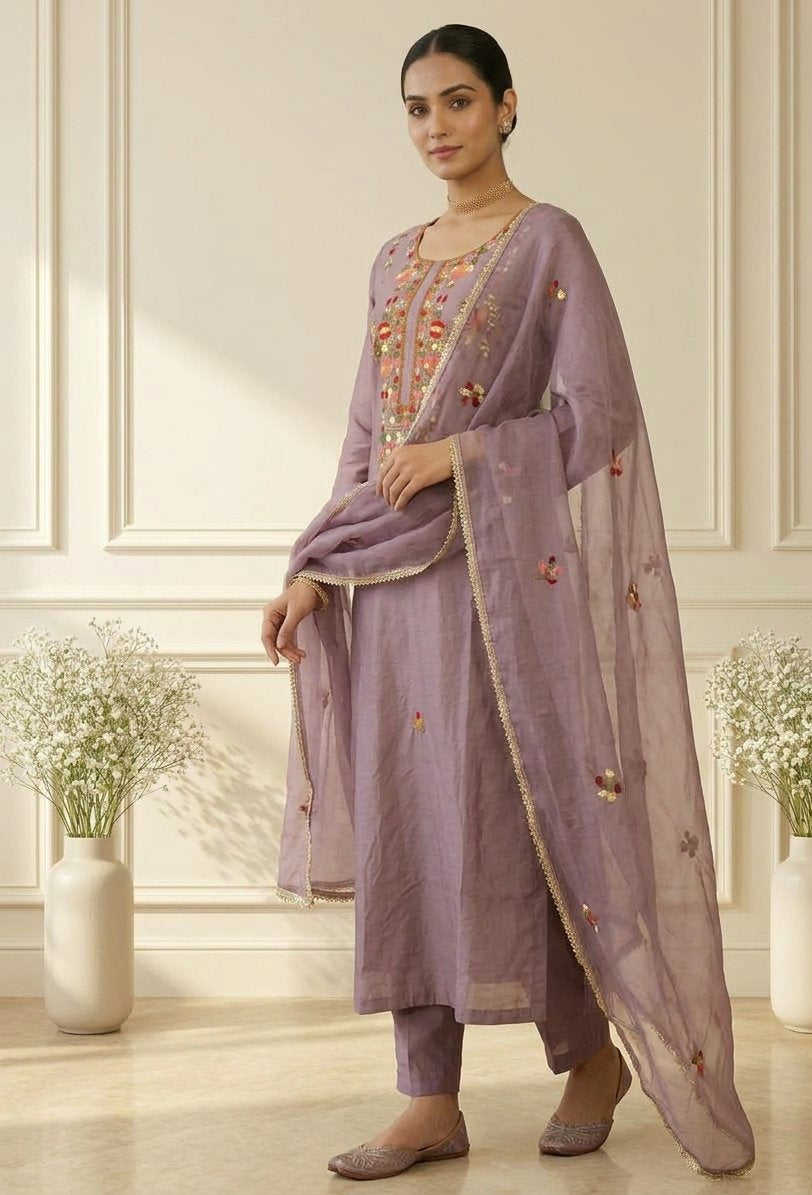 Mauve Silk-Blend Hand-Embroidered Kurta Set with Organza Dupatta