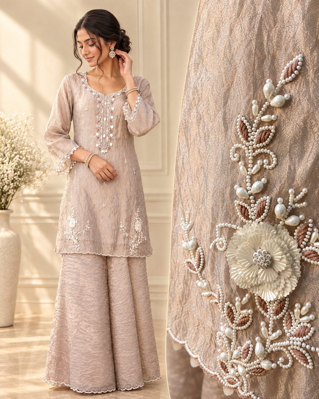 Rose Gold Silk Kurta & Palazzo Set — Hand-Embroidered Elegance