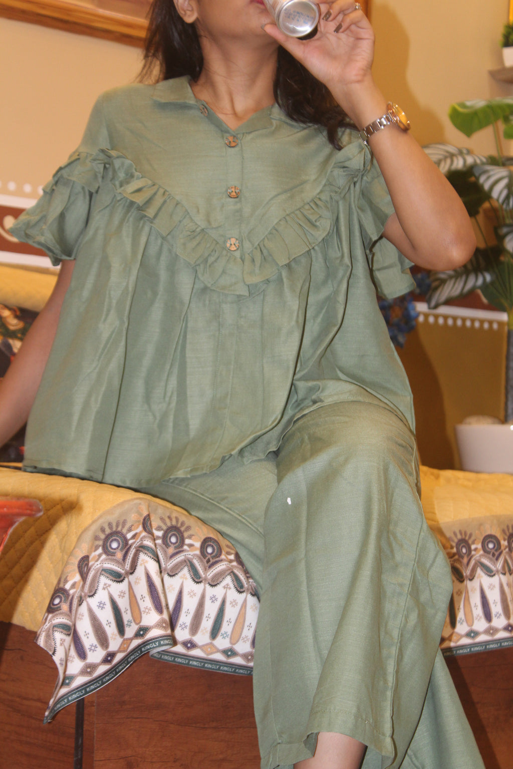 Olive Green Ruffle Co-ord set with Viscose Top and Pants
