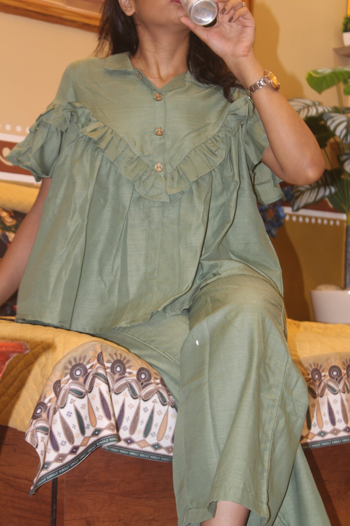 Olive Green Ruffle Co-ord set with Viscose Top and Pants