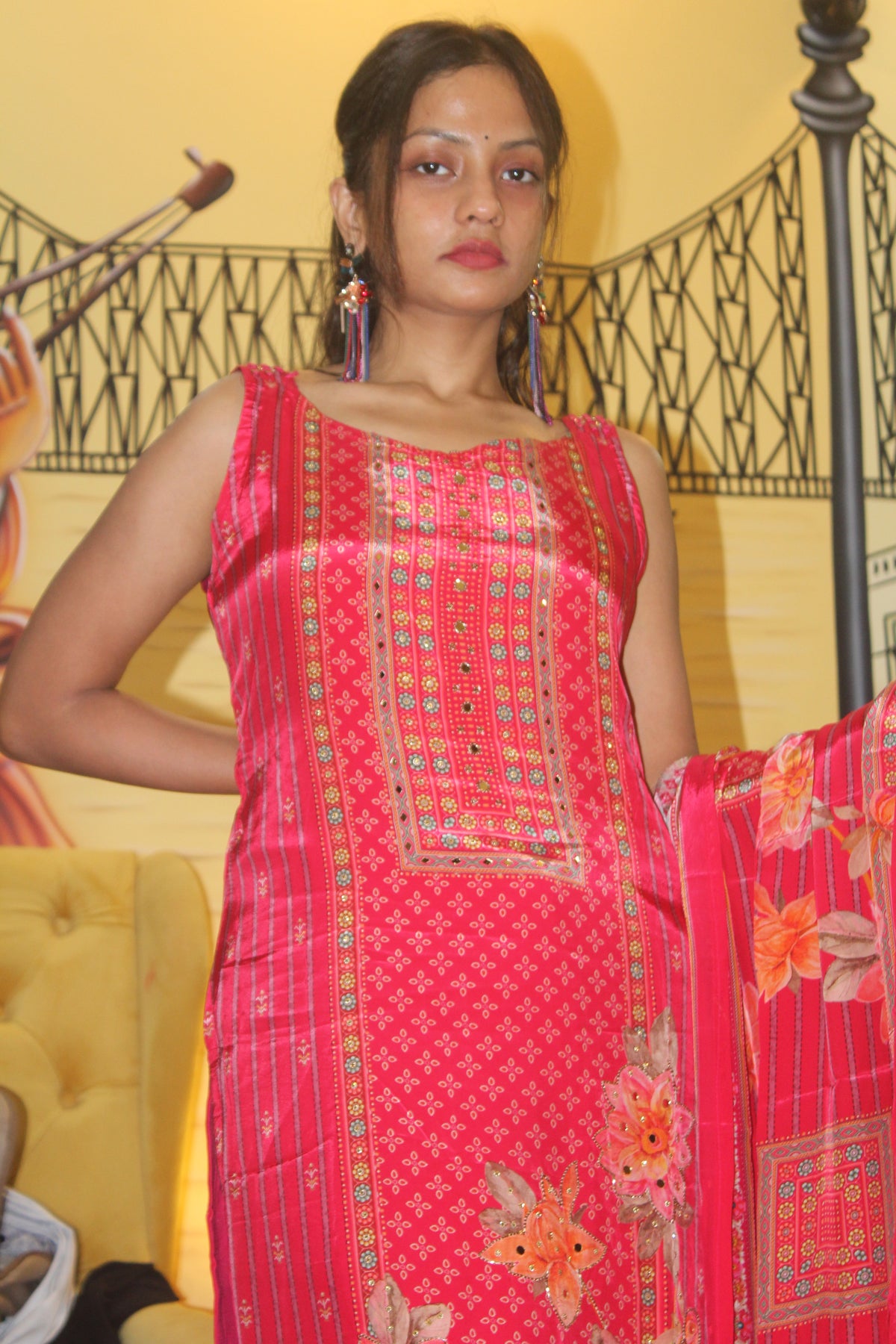 Vivid Rose Premium Silk Blend Kurta Set with 3D Florals