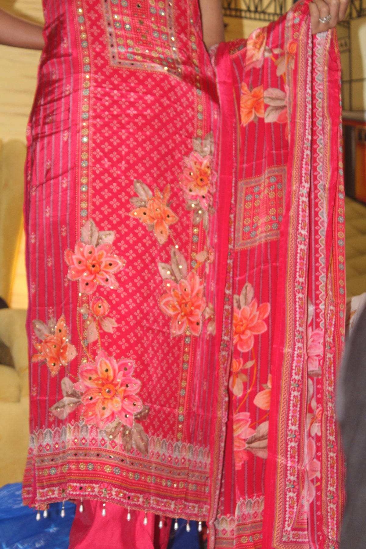 Vivid Rose Premium Silk Blend Kurta Set with 3D Florals