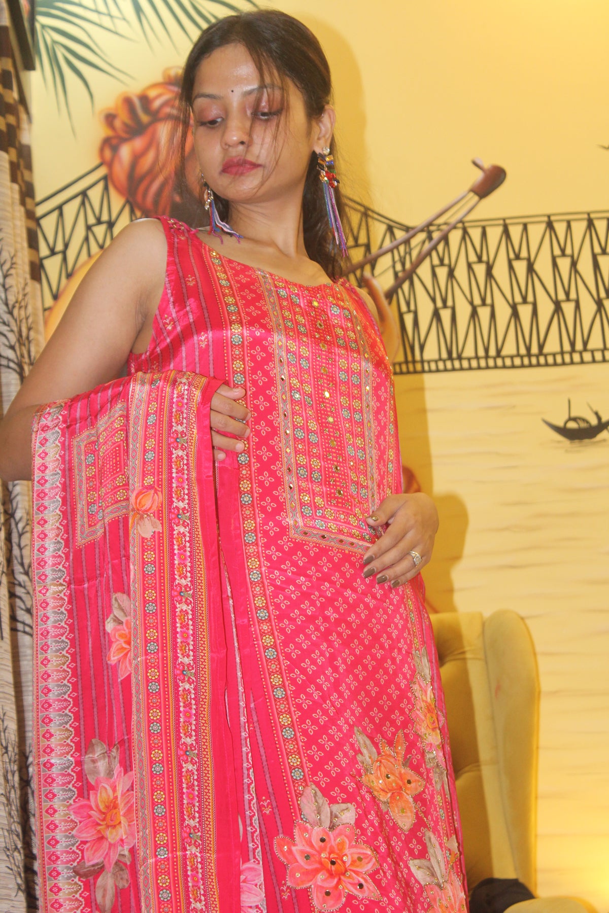 Vivid Rose Premium Silk Blend Kurta Set with 3D Florals