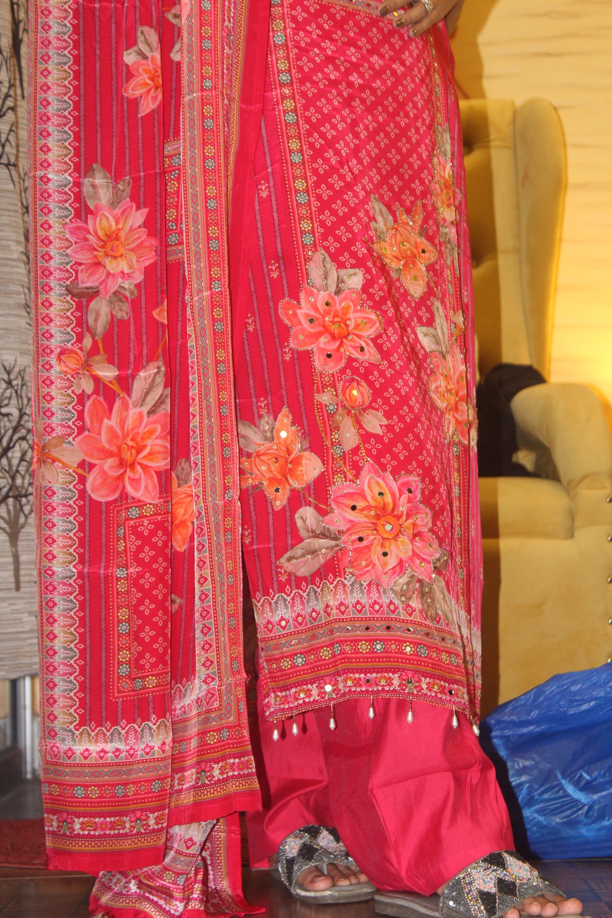 Vivid Rose Premium Silk Blend Kurta Set with 3D Florals