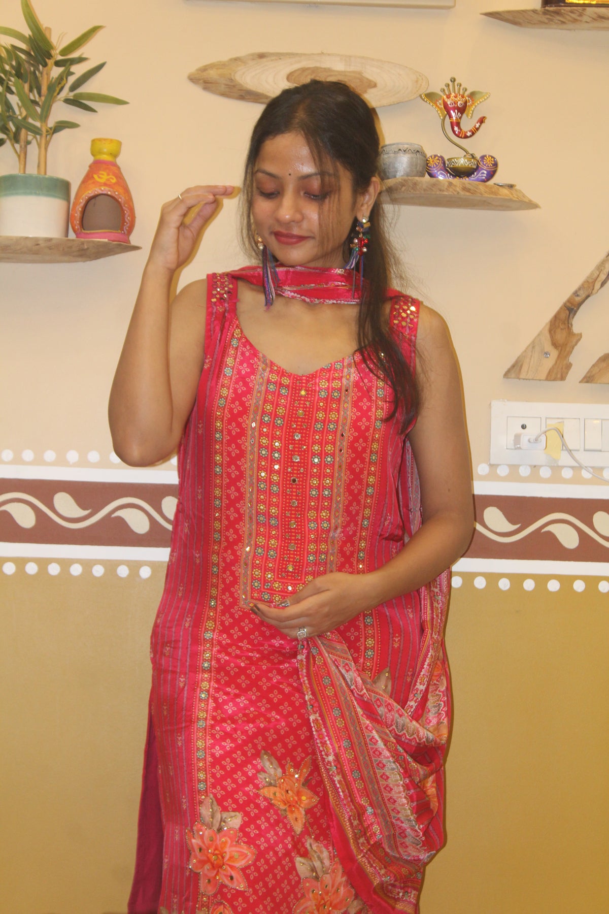Vivid Rose Premium Silk Blend Kurta Set with 3D Florals