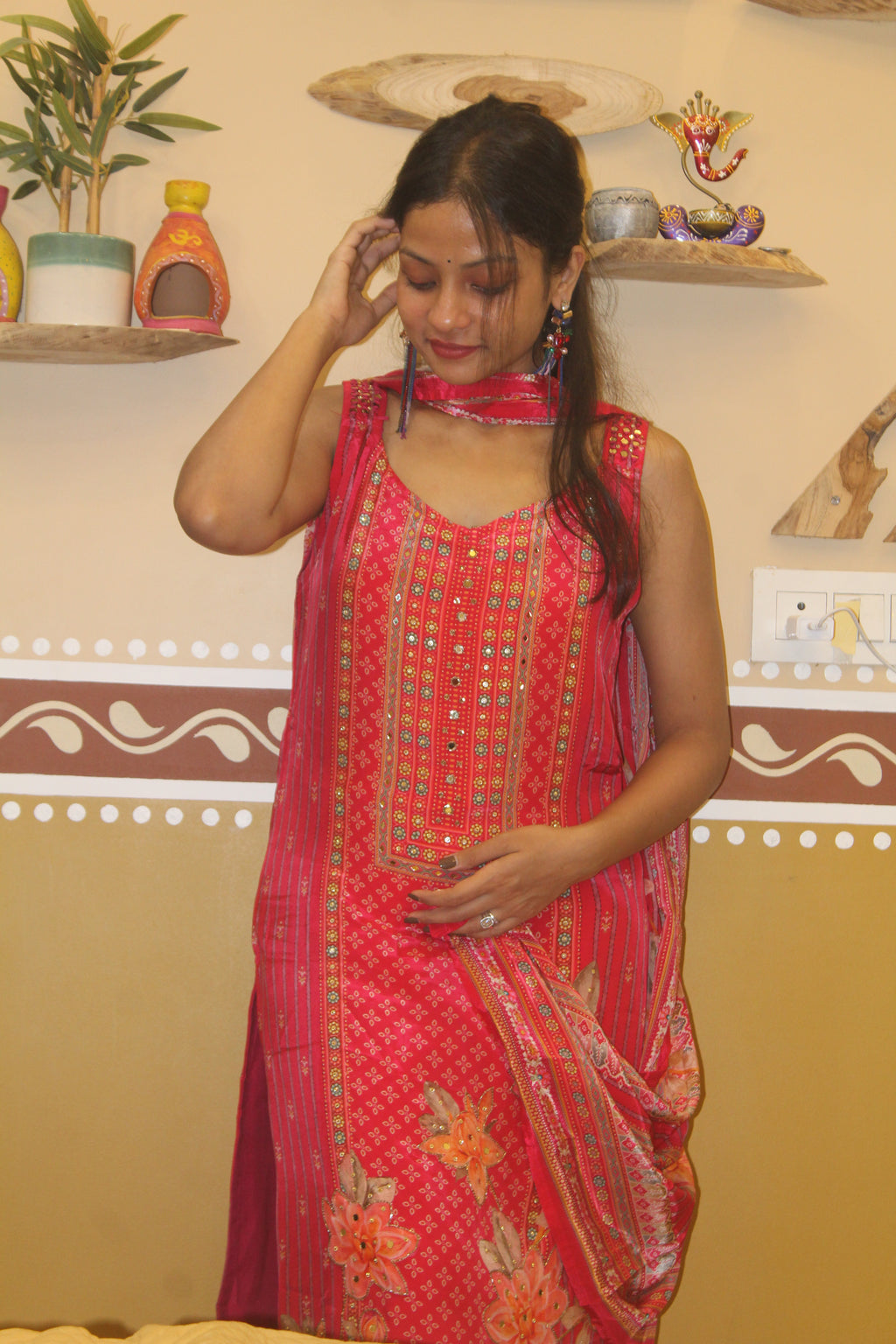 Vivid Rose Premium Silk Blend Kurta Set with 3D Florals