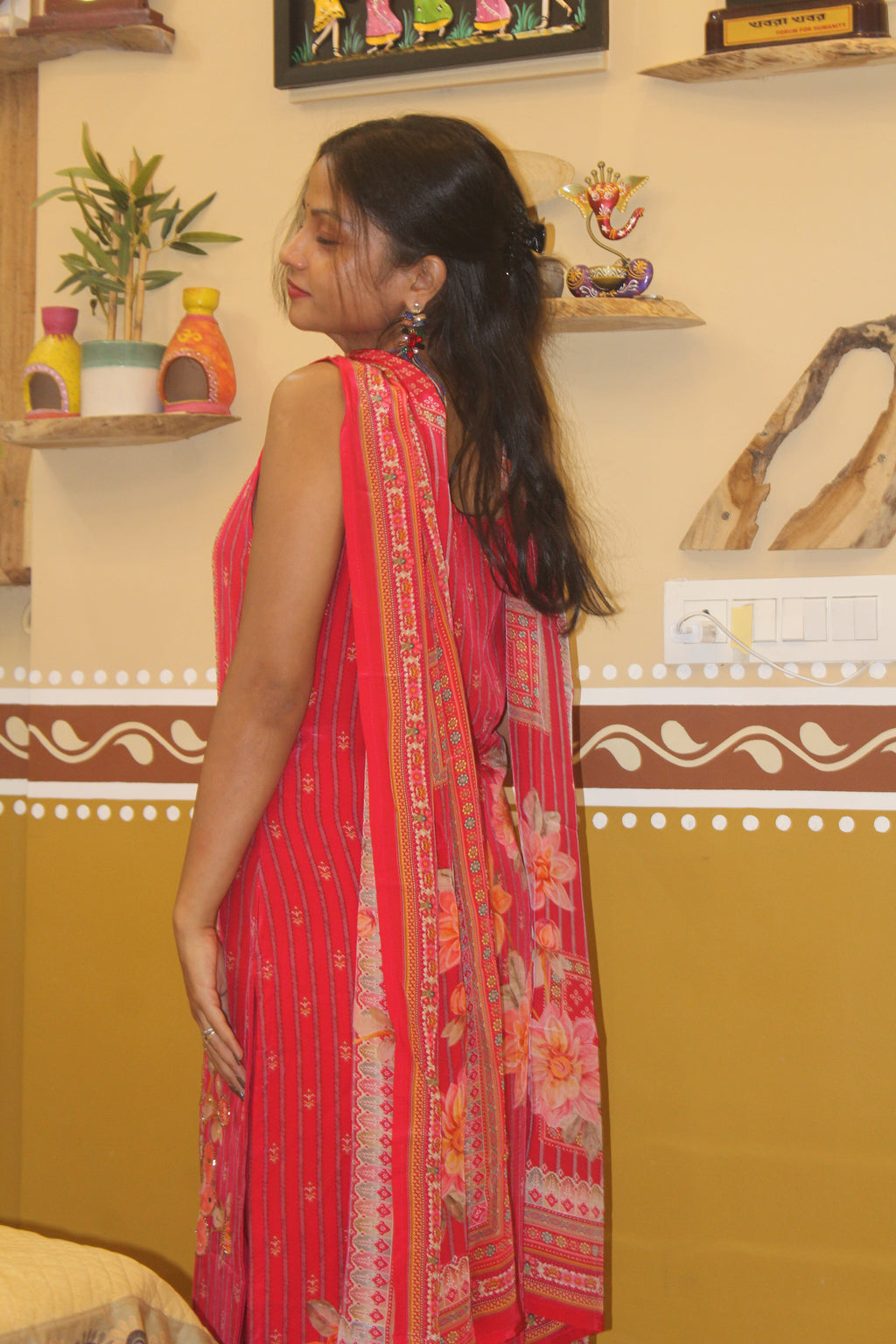 Vivid Rose Premium Silk Blend Kurta Set with 3D Florals