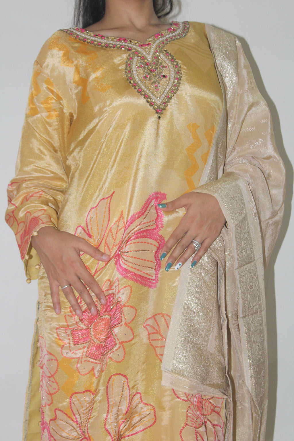 Pastel Yellow Floral Printed Crepe Kurta Set with Dupatta
