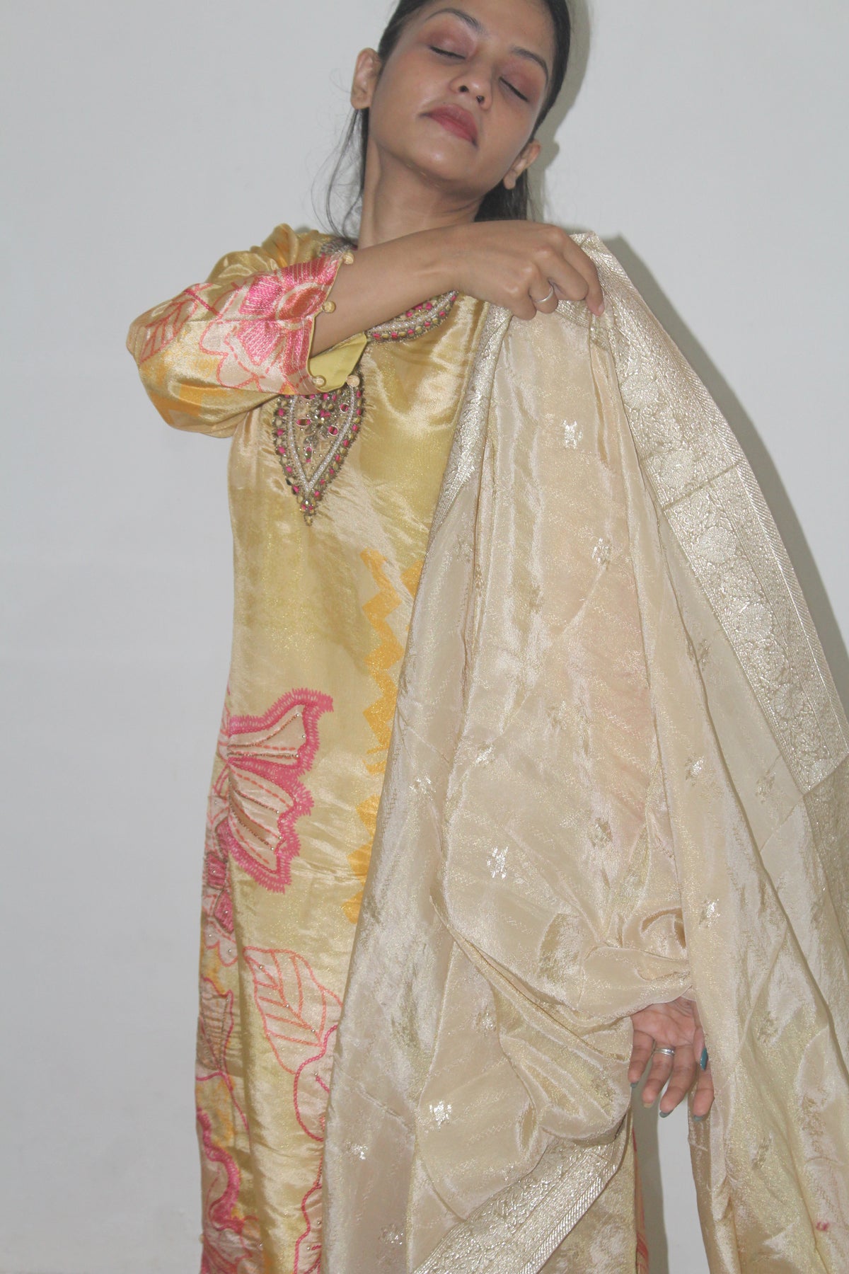 Pastel Yellow Floral Printed Crepe Kurta Set with Dupatta