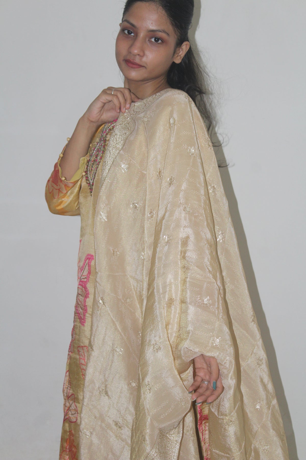 Pastel Yellow Floral Printed Crepe Kurta Set with Dupatta