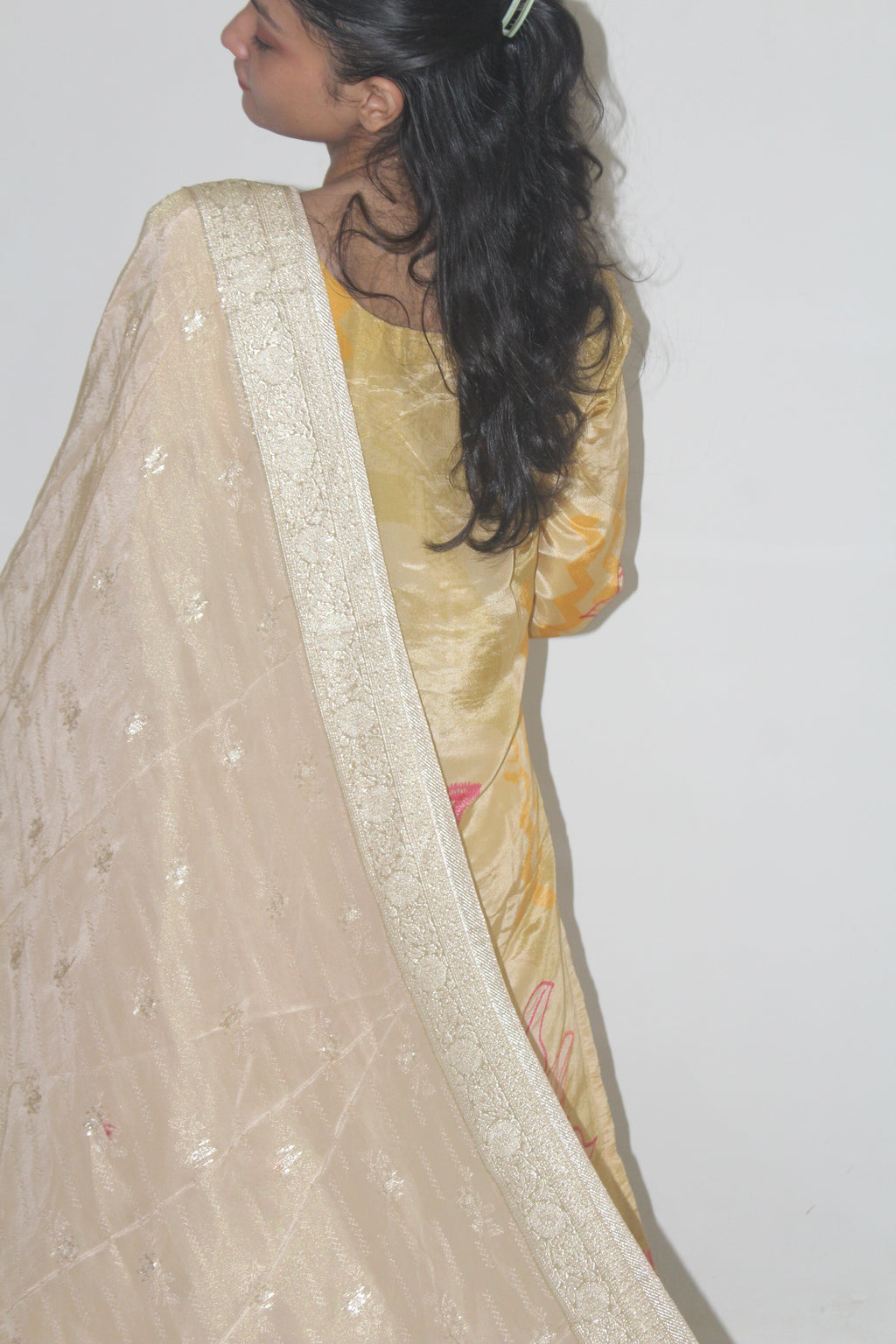 Pastel Yellow Floral Printed Crepe Kurta Set with Dupatta