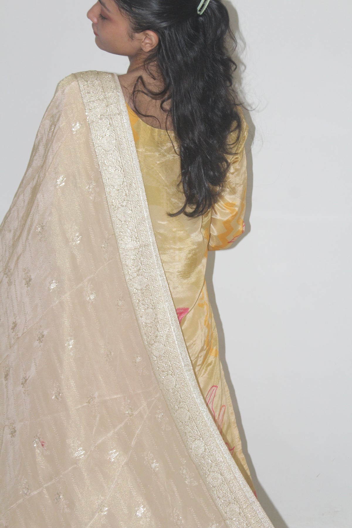 Pastel Yellow Floral Printed Crepe Kurta Set with Dupatta