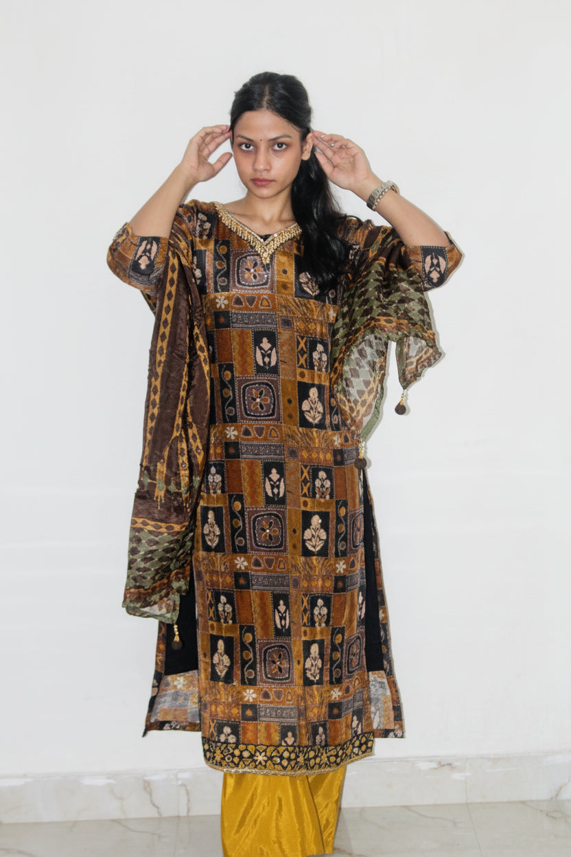 Rust Brown Block-Print Kaftan Kurta Set with Mustard Palazzo & Olive Dupatta