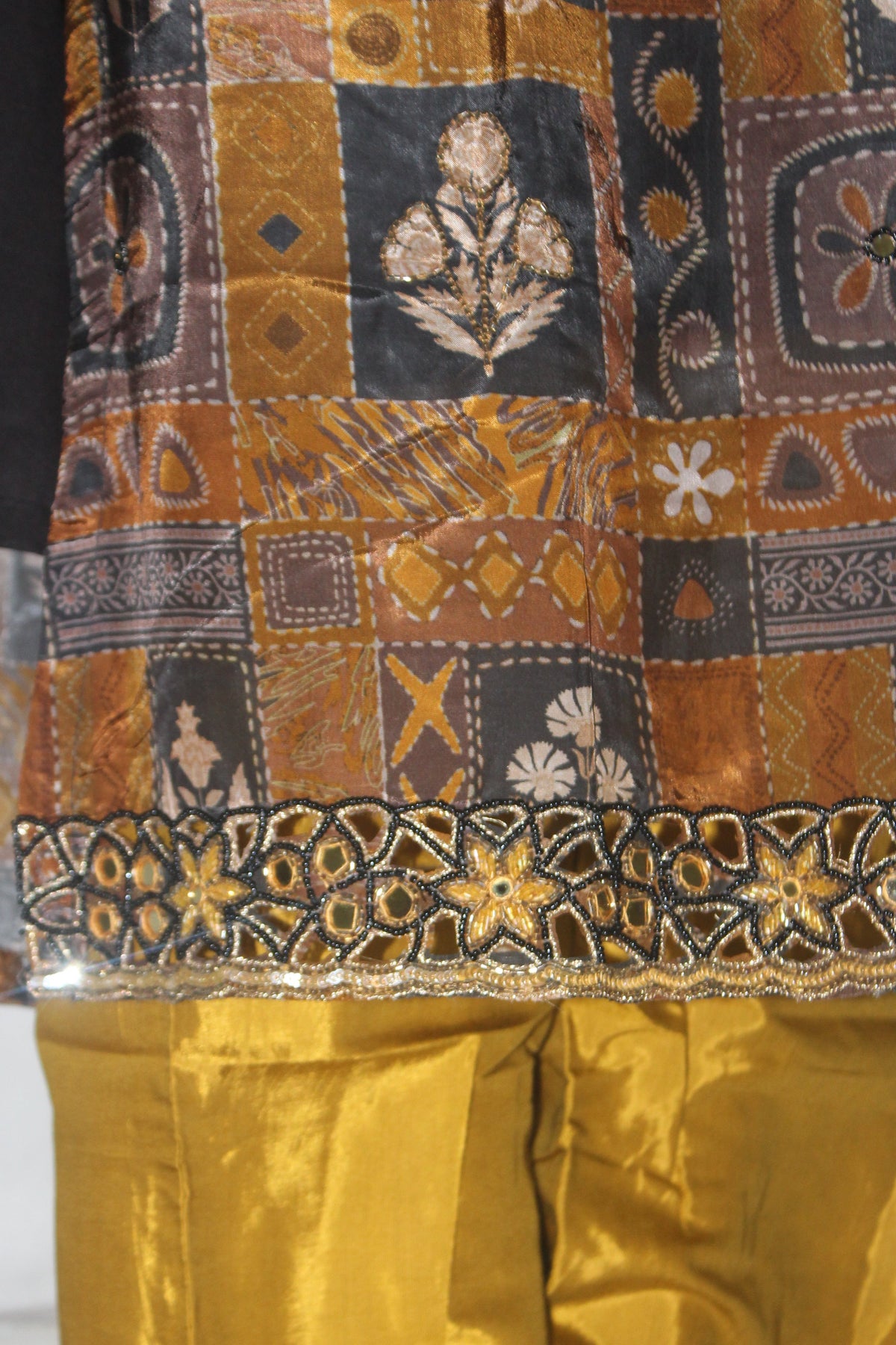 Rust Brown Block-Print Kaftan Kurta Set with Mustard Palazzo & Olive Dupatta