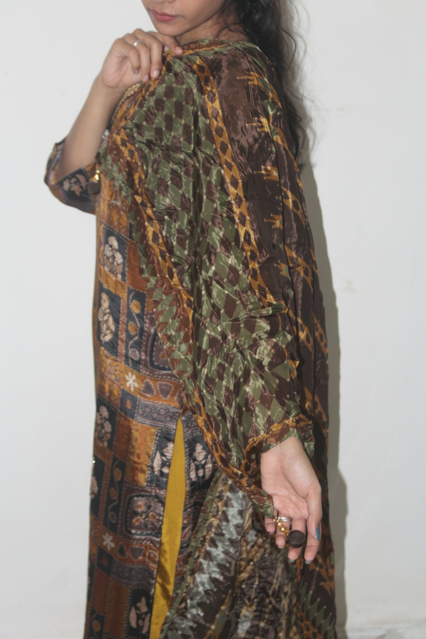 Rust Brown Block-Print Kaftan Kurta Set with Mustard Palazzo & Olive Dupatta