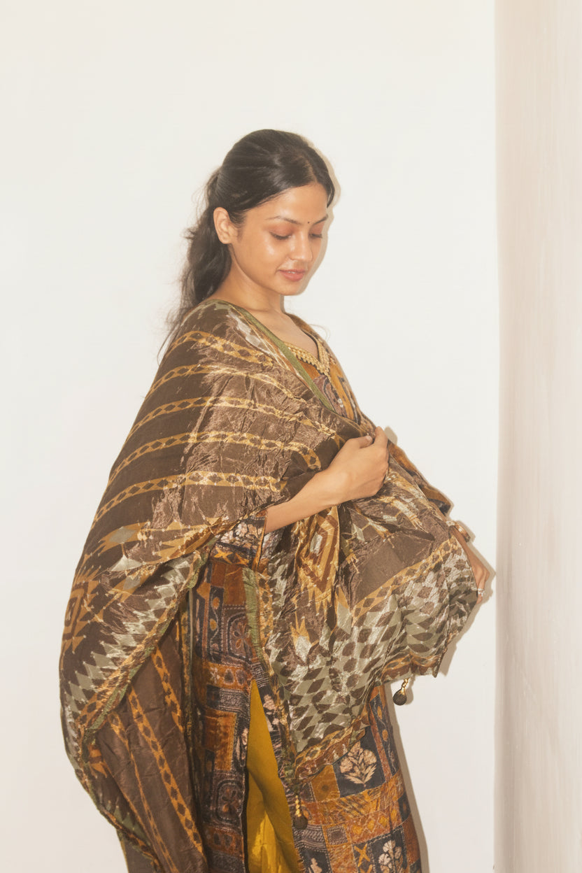 Rust Brown Block-Print Kaftan Kurta Set with Mustard Palazzo & Olive Dupatta