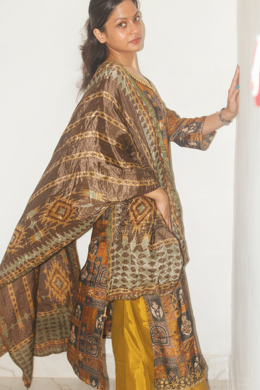 Rust Brown Block-Print Kaftan Kurta Set with Mustard Palazzo & Olive Dupatta