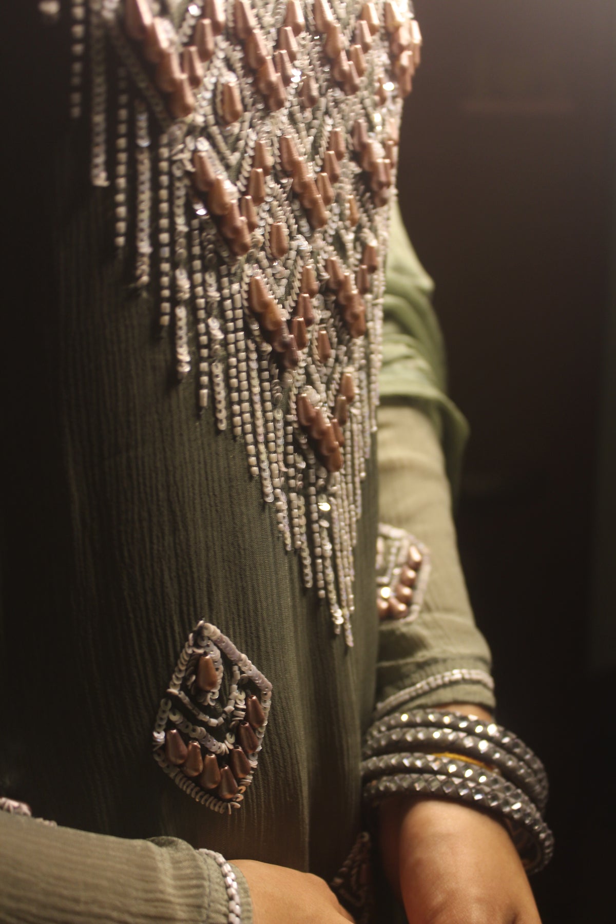 Hand-Embellished Pearl & Sequin Crepe Kurta Suit Set-Olive Green