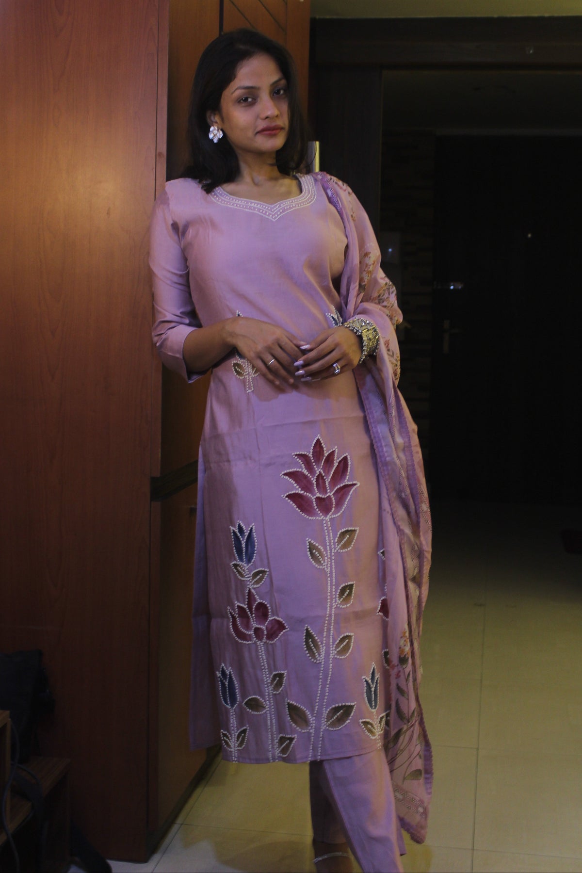 Lavender Floral French Knot Crepe, Kurta Set