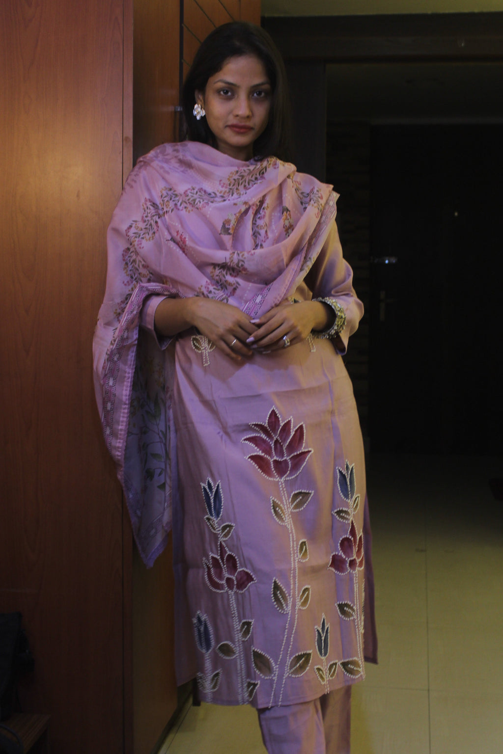Lavender Floral French Knot Crepe, Kurta Set