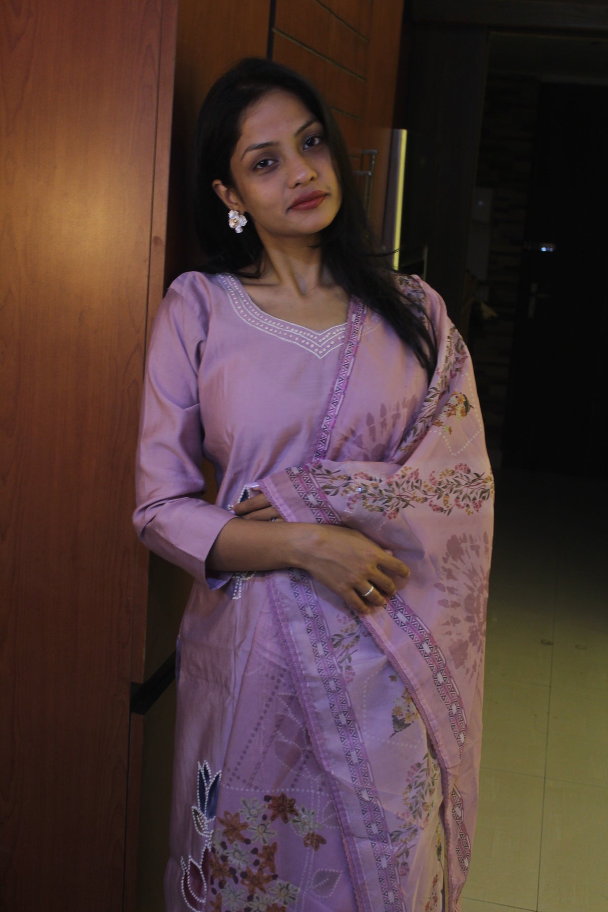 Lavender Floral French Knot Crepe, Kurta Set
