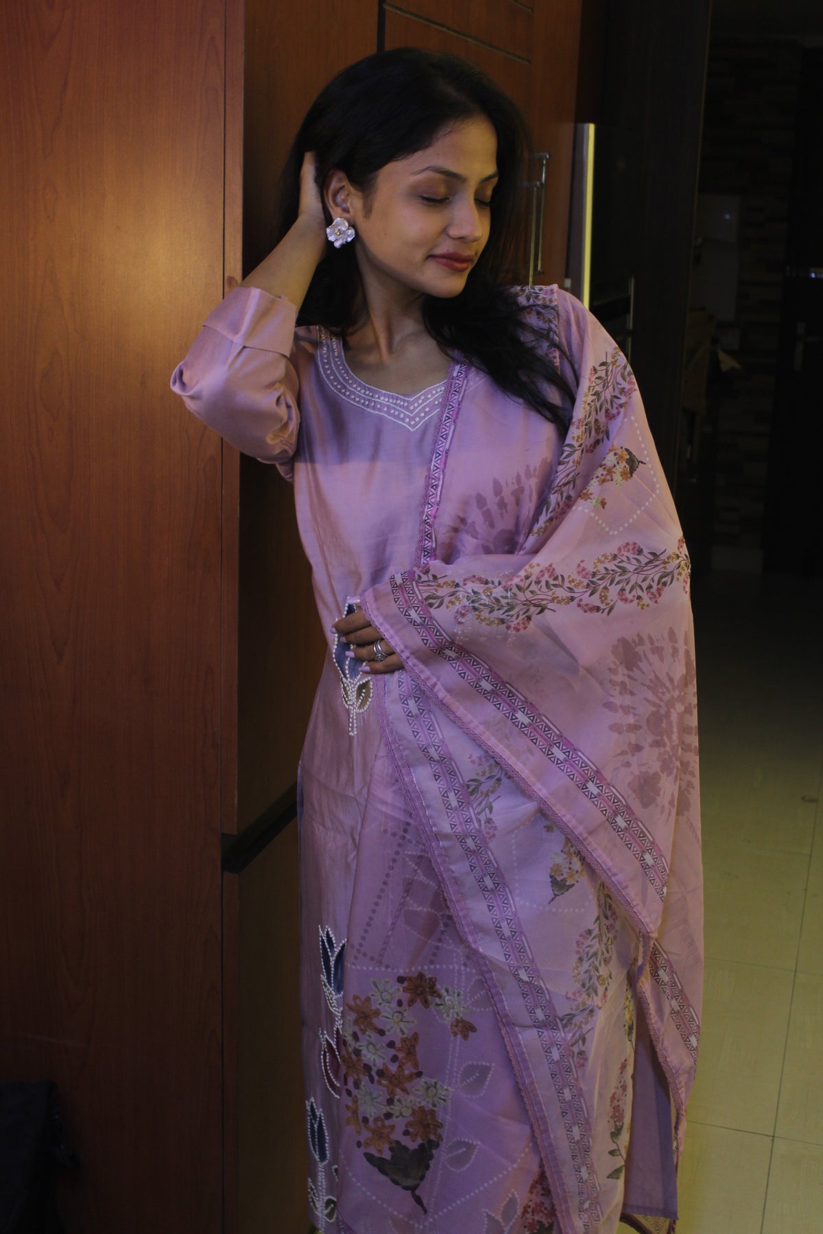 Lavender Floral French Knot Crepe, Kurta Set