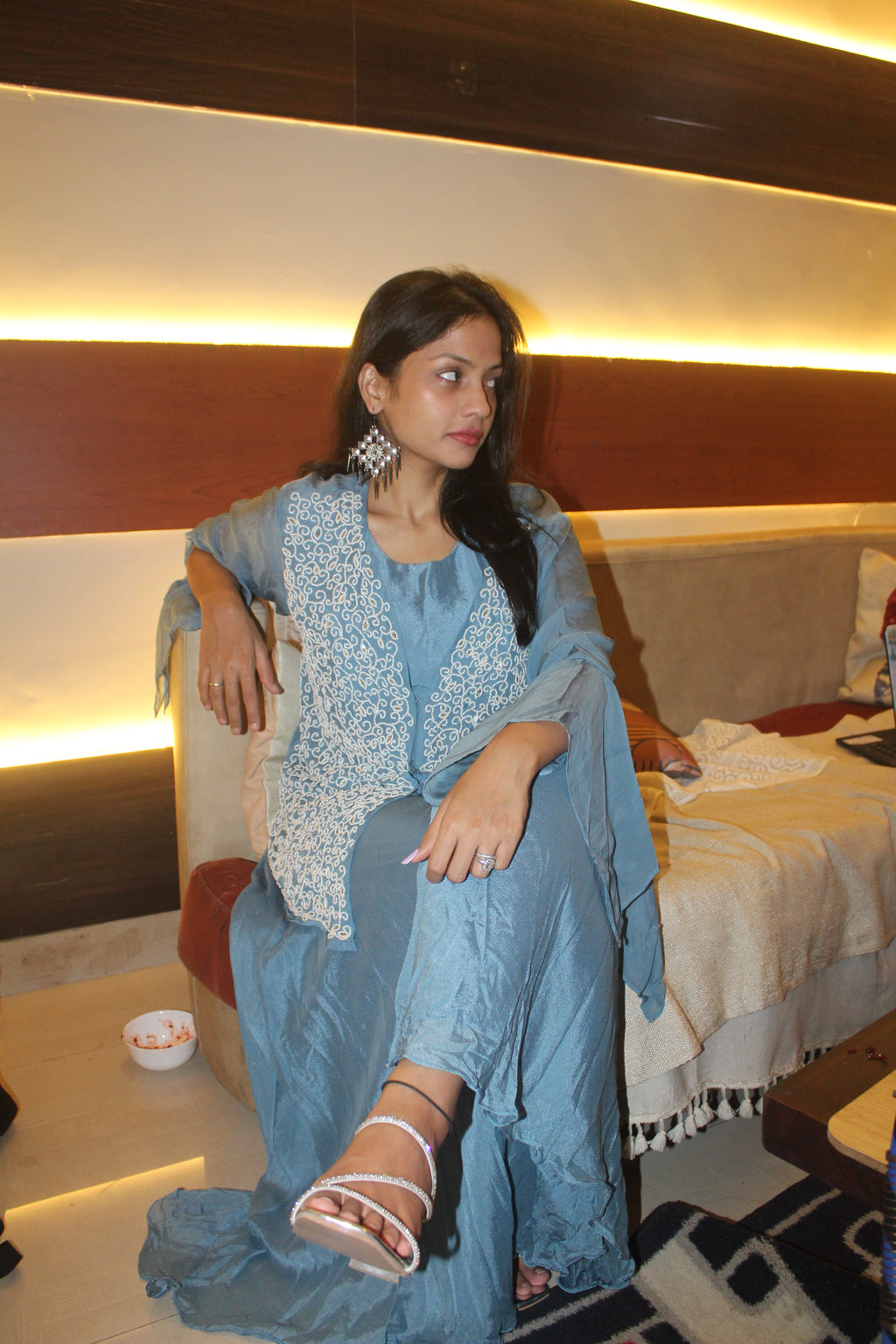 Sky Blue Embroidered Co-ord Set | Indo-Western Palazzo Set