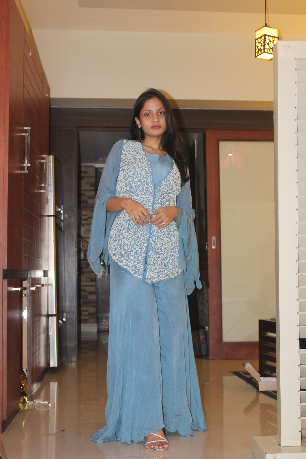 Sky Blue Embroidered Co-ord Set | Indo-Western Palazzo Set