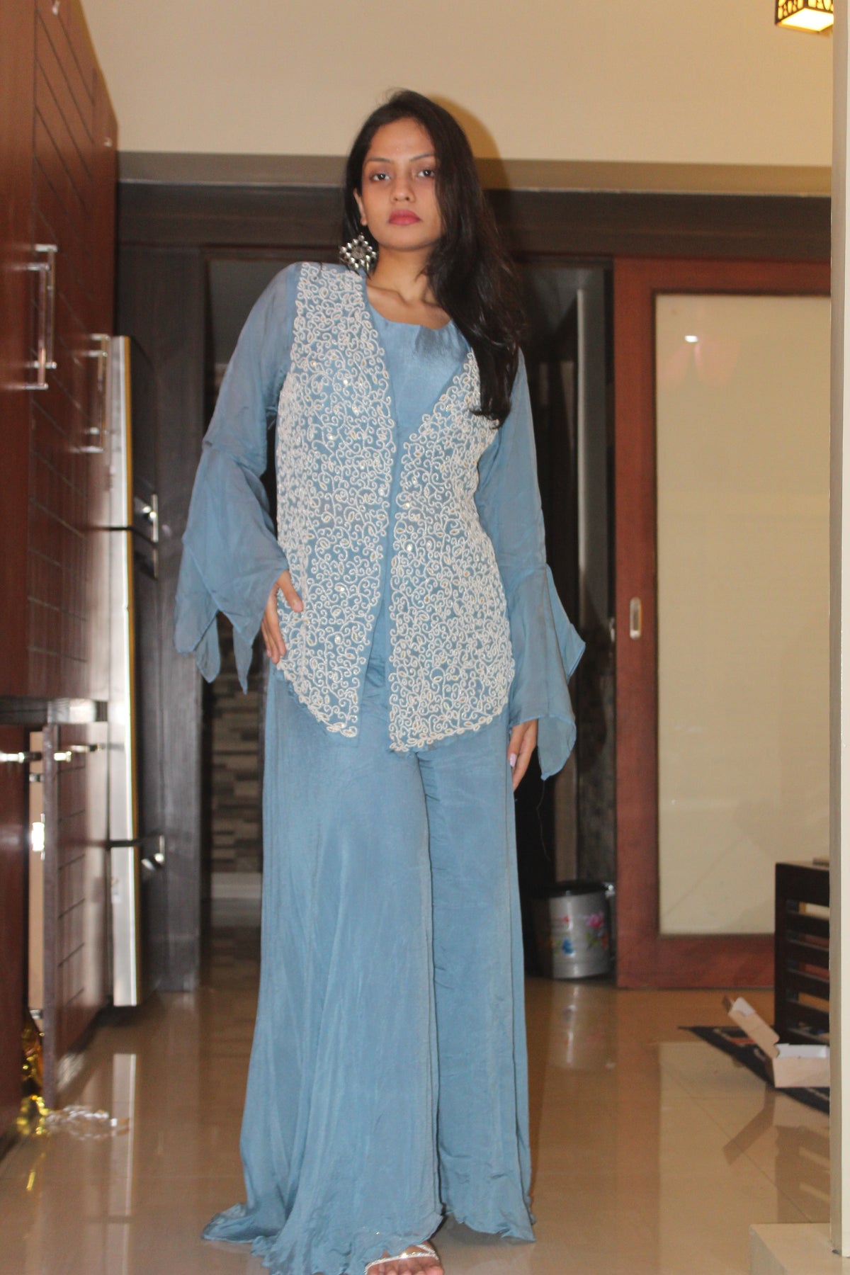 Sky Blue Embroidered Co-ord Set | Indo-Western Palazzo Set