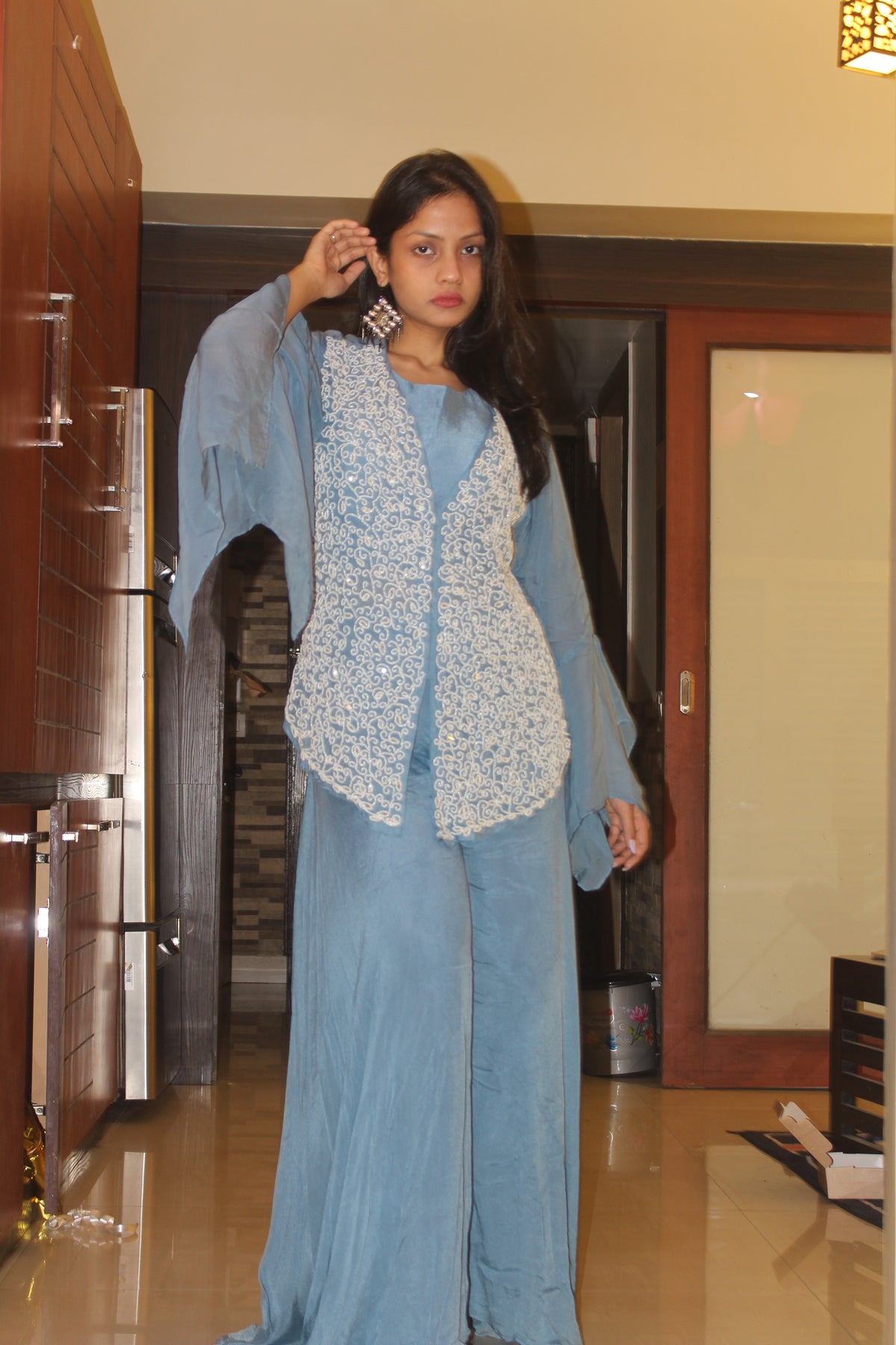 Sky Blue Embroidered Co-ord Set | Indo-Western Palazzo Set