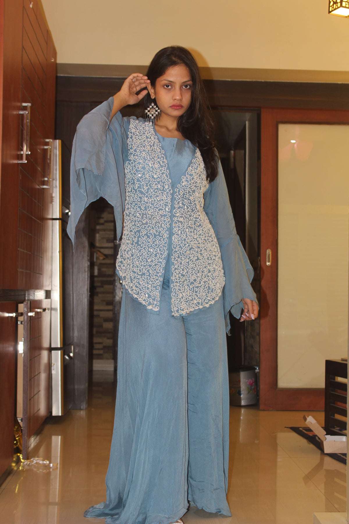 Sky Blue Embroidered Co-ord Set | Indo-Western Palazzo Set