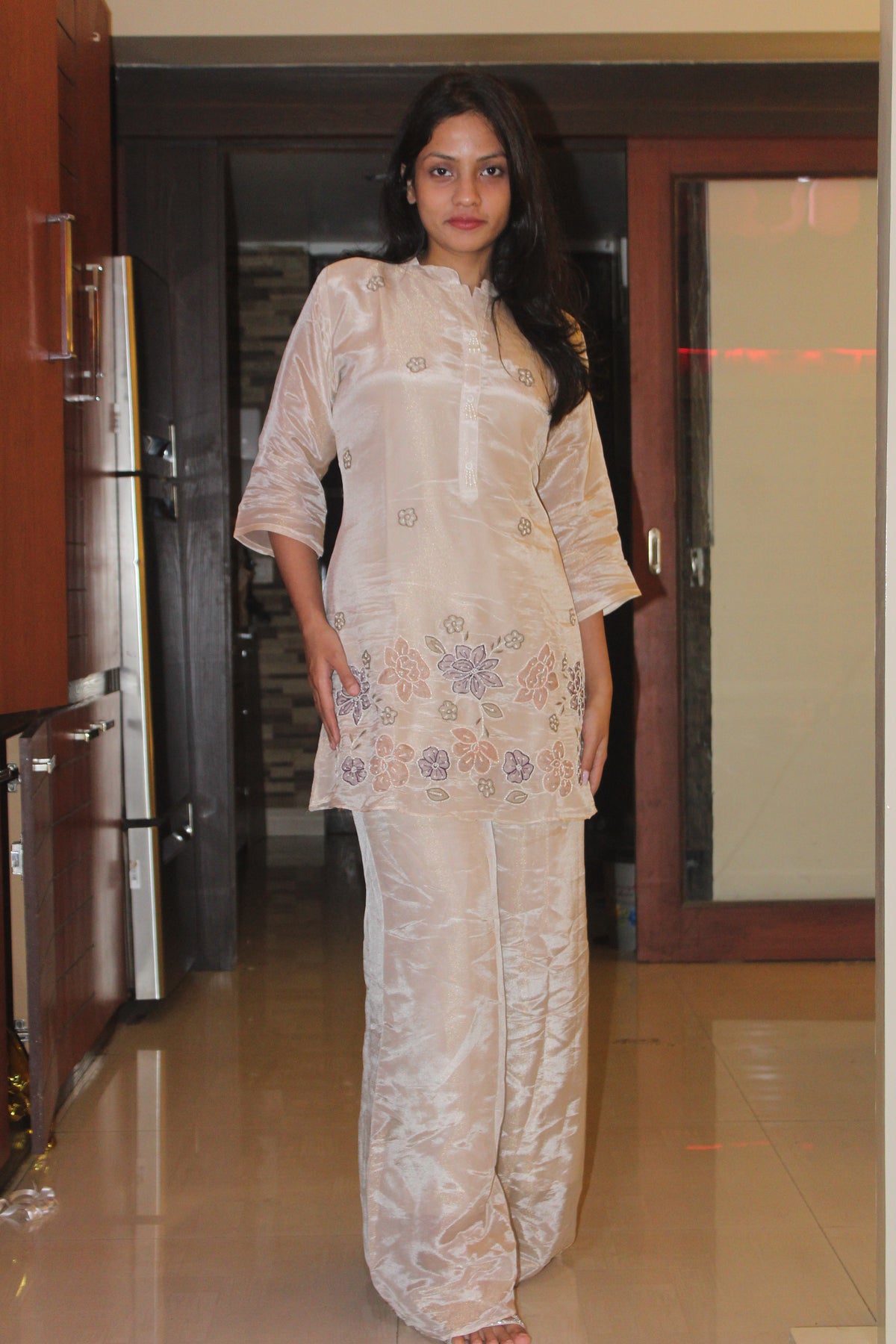 Pastel Floral Embroidered Tissue Silk Co-Ord Set | Pearl Tassel Detail | Shreyav