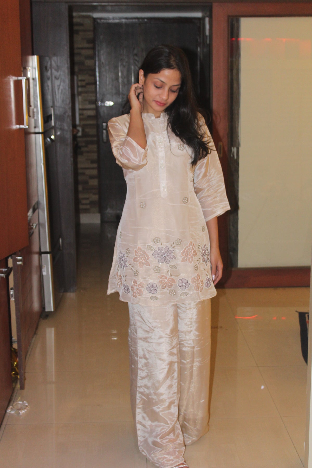 Pastel Floral Embroidered Tissue Silk Co-Ord Set | Pearl Tassel Detail | Shreyav