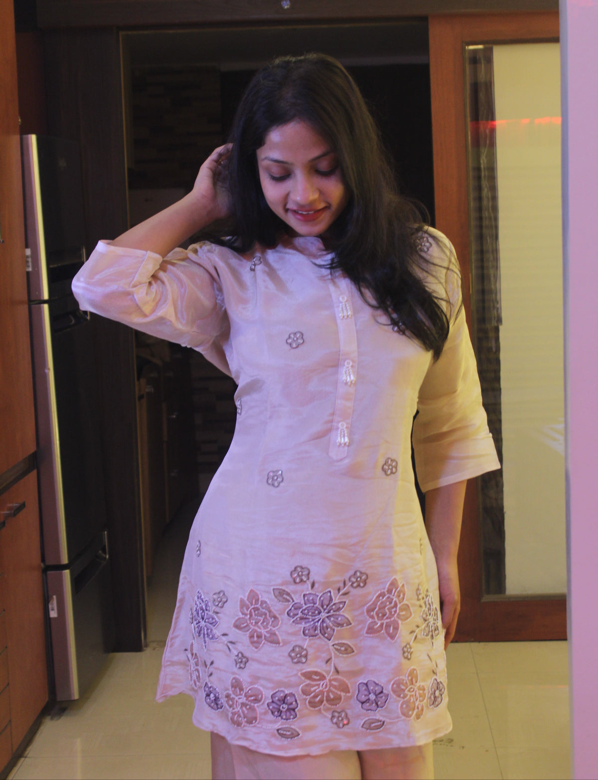 Pastel Floral Embroidered Tissue Silk Co-Ord Set | Pearl Tassel Detail | Shreyav