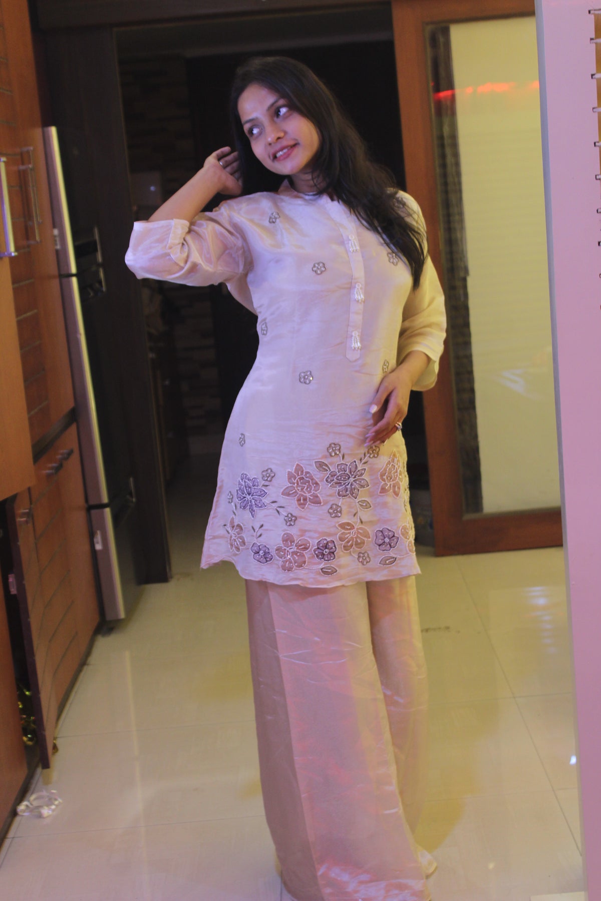 Pastel Floral Embroidered Tissue Silk Co-Ord Set | Pearl Tassel Detail | Shreyav