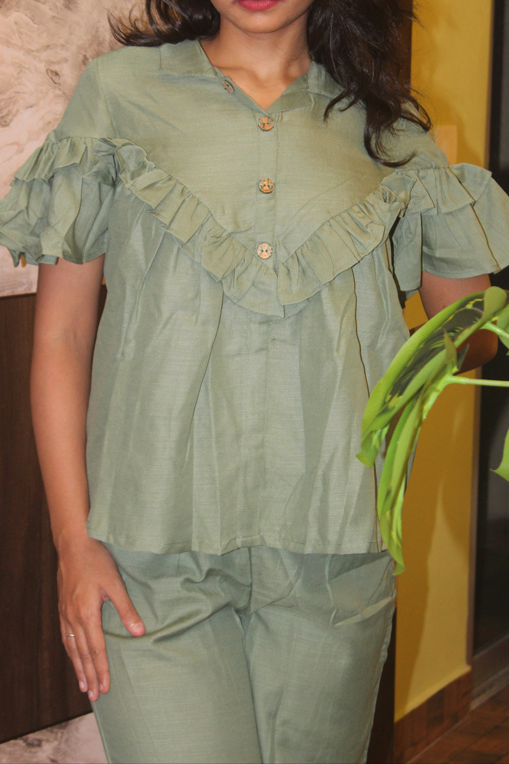 Olive Green Ruffle Co-ord set with Viscose Top and Pants