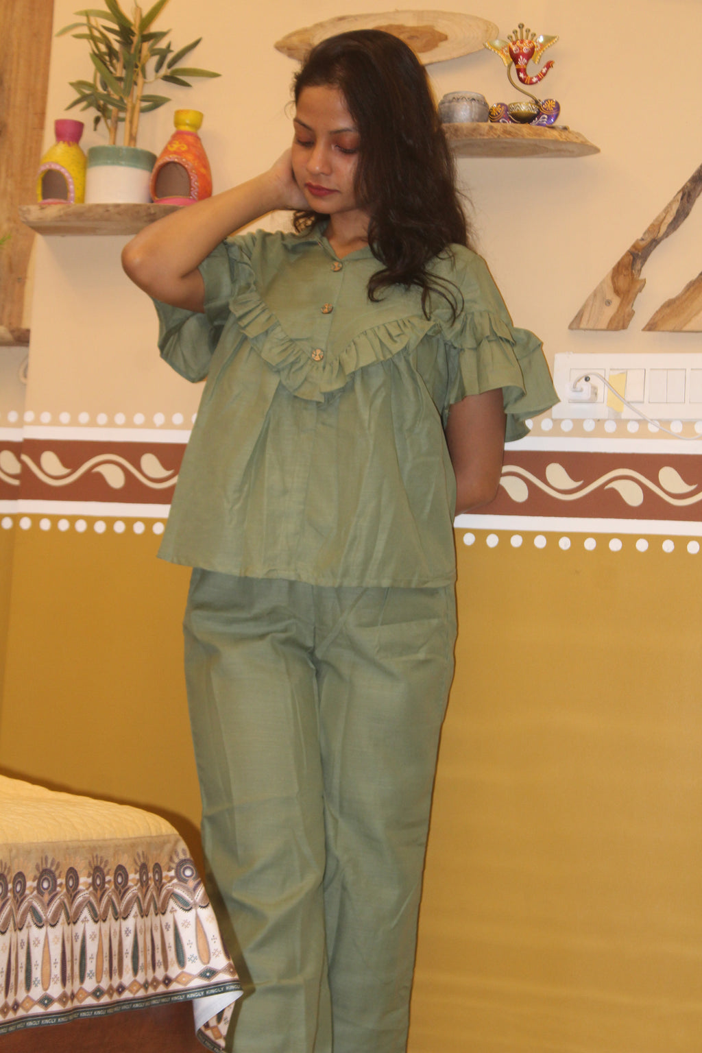Olive Green Ruffle Co-ord set with Viscose Top and Pants