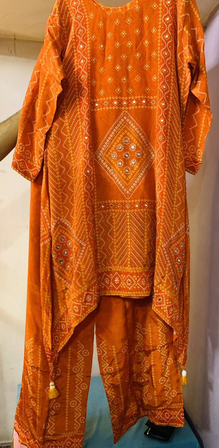 Festive Orange Bandhani Print Premium Modal Silk Kurta Set