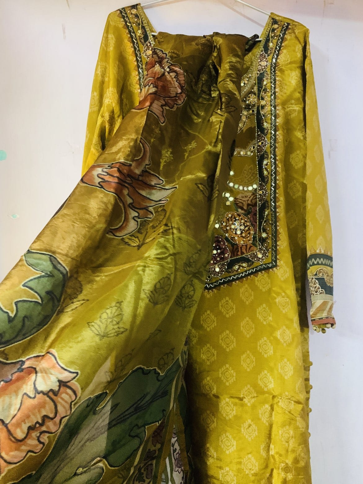 Mustard Floral Printed Crepe Kurta Set with Dupatta