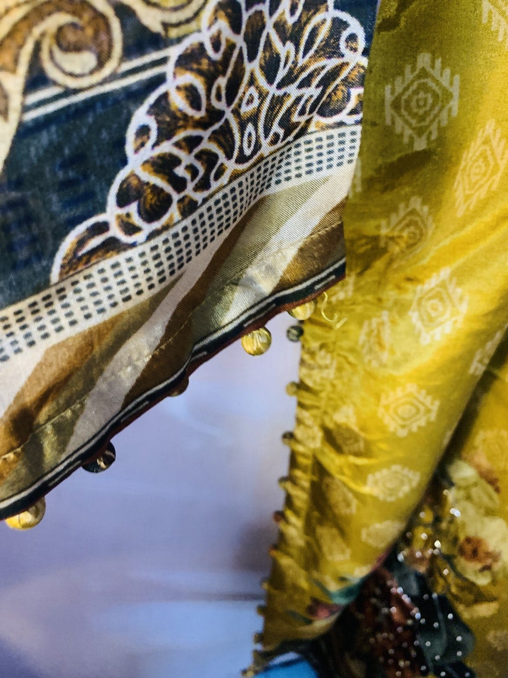 Mustard Floral Printed Crepe Kurta Set with Dupatta