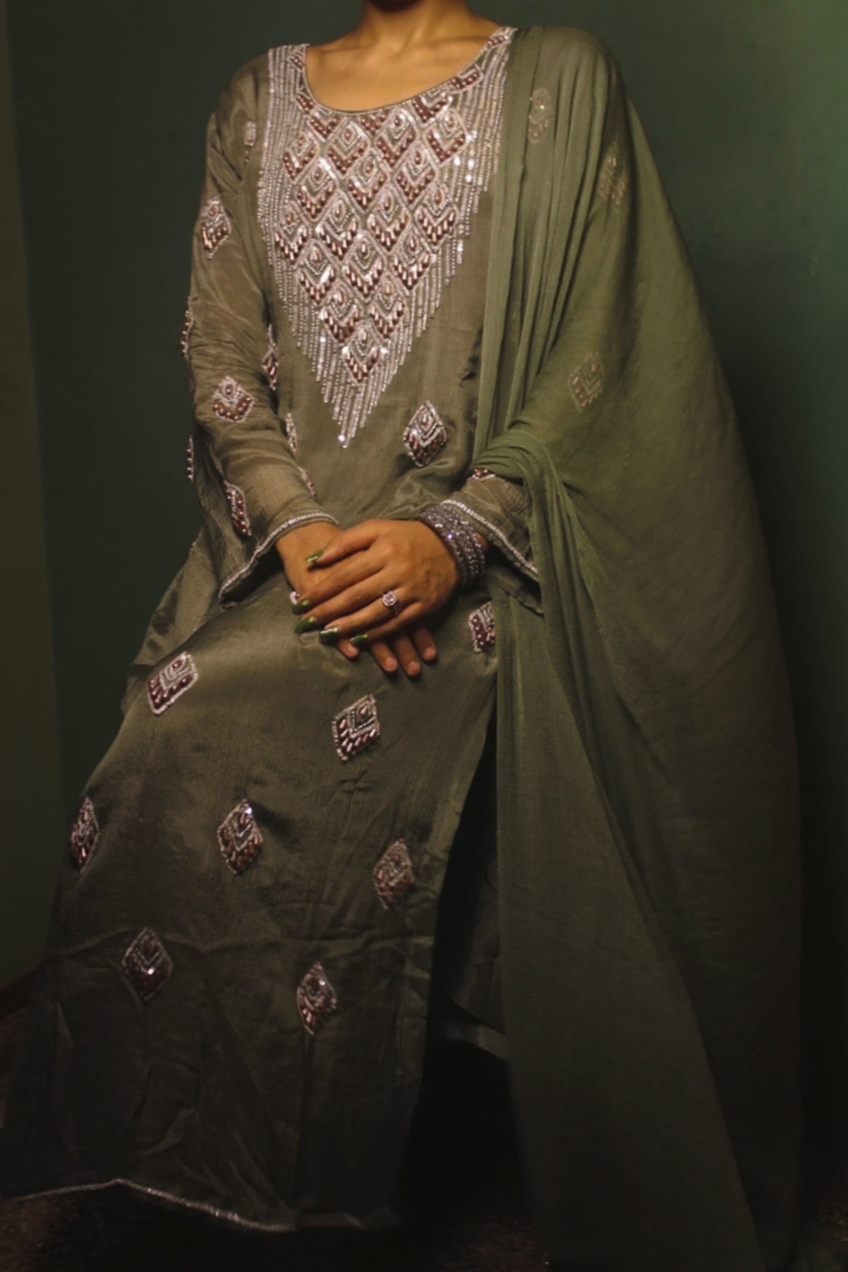Hand-Embellished Pearl & Sequin Crepe Kurta Suit Set-Olive Green