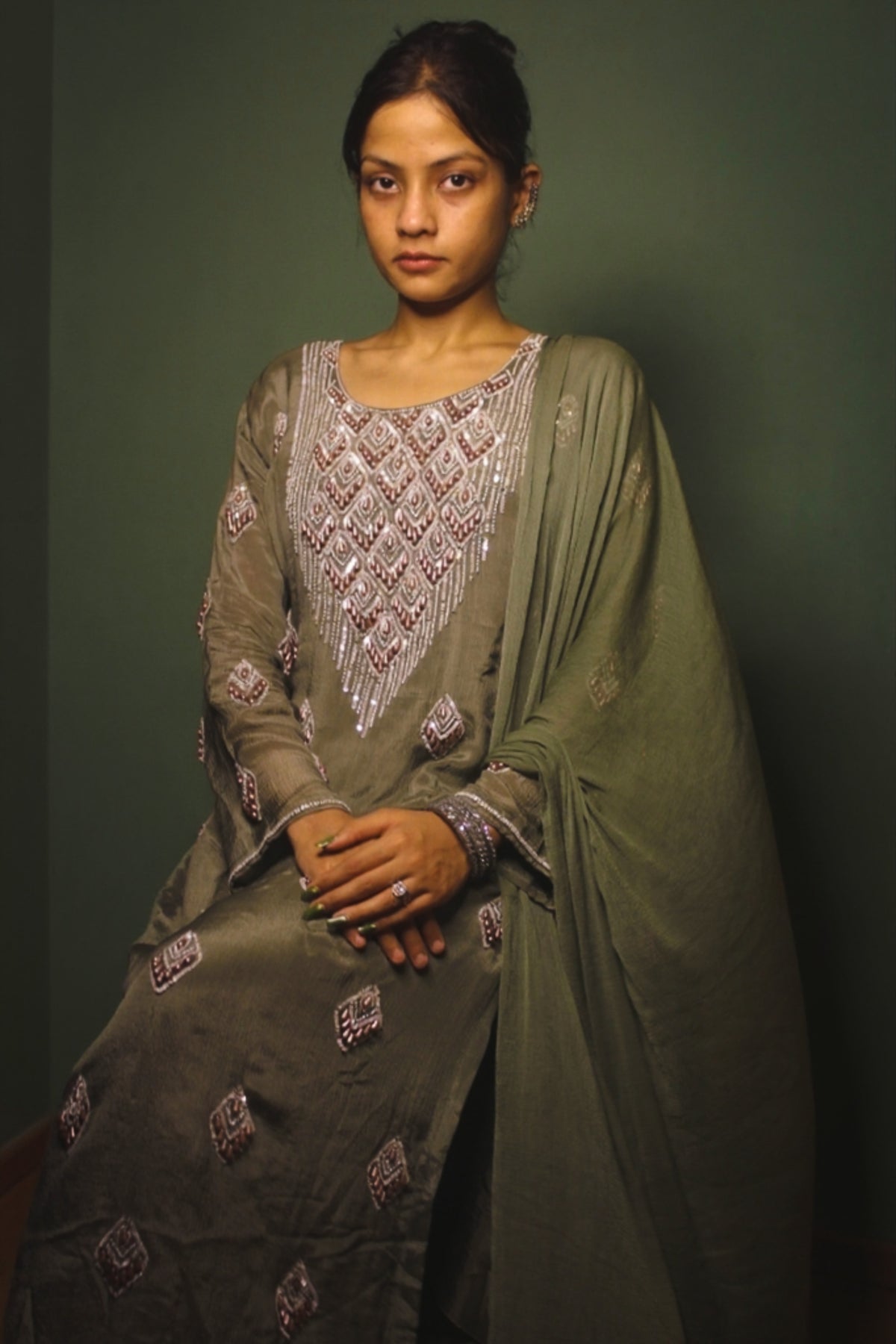 Hand-Embellished Pearl & Sequin Crepe Kurta Suit Set-Olive Green
