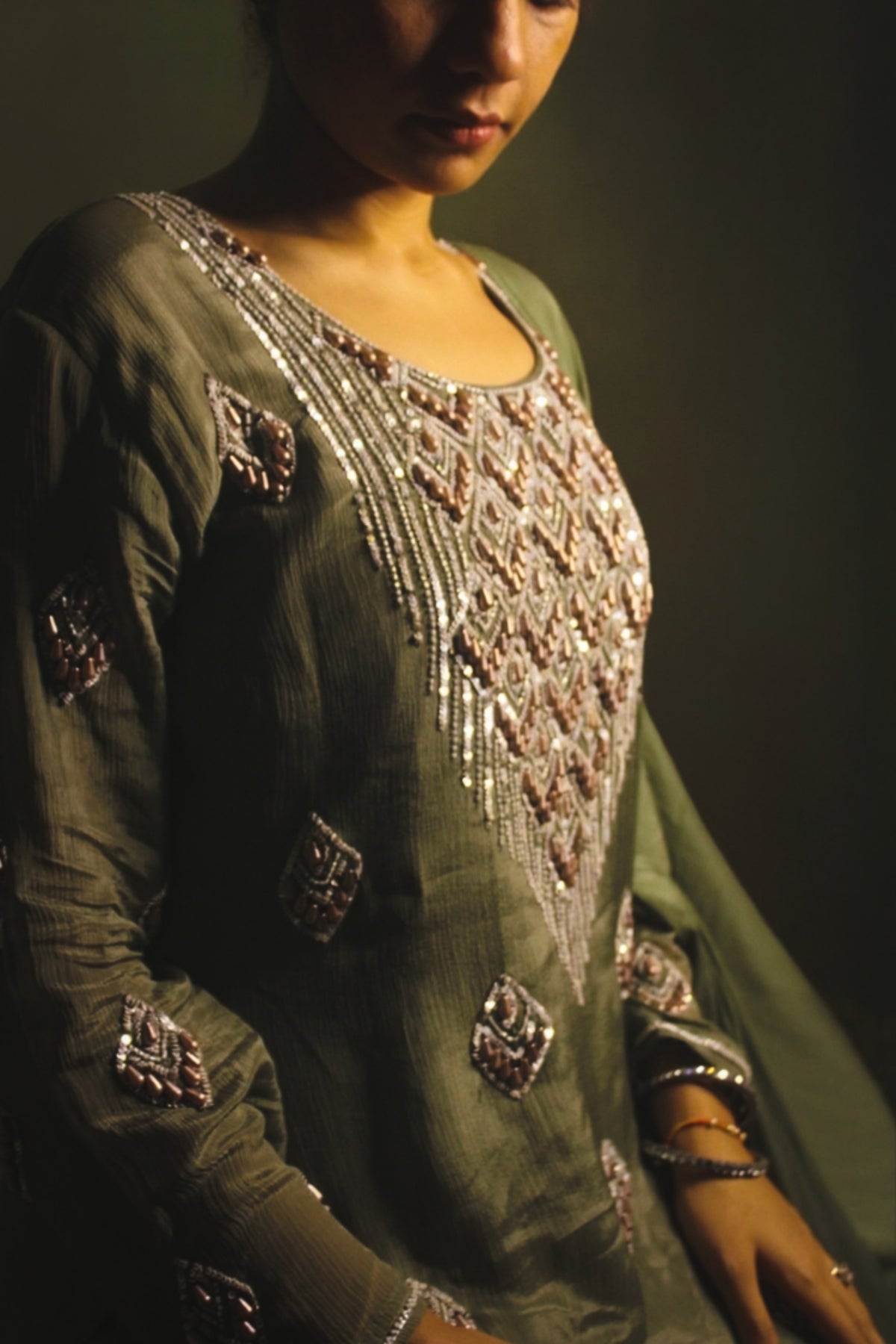 Hand-Embellished Pearl & Sequin Crepe Kurta Suit Set-Olive Green