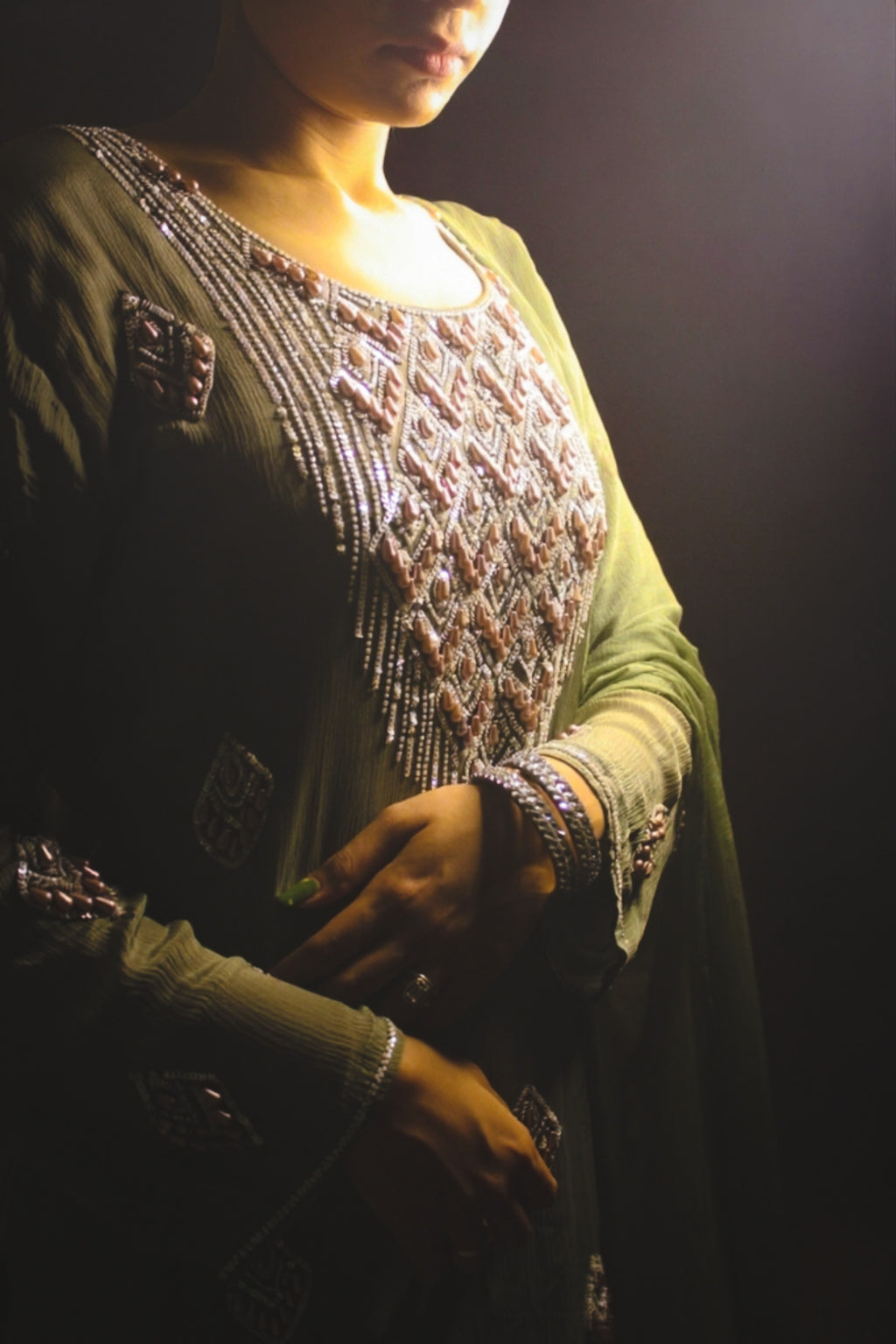 Hand-Embellished Pearl & Sequin Crepe Kurta Suit Set-Olive Green