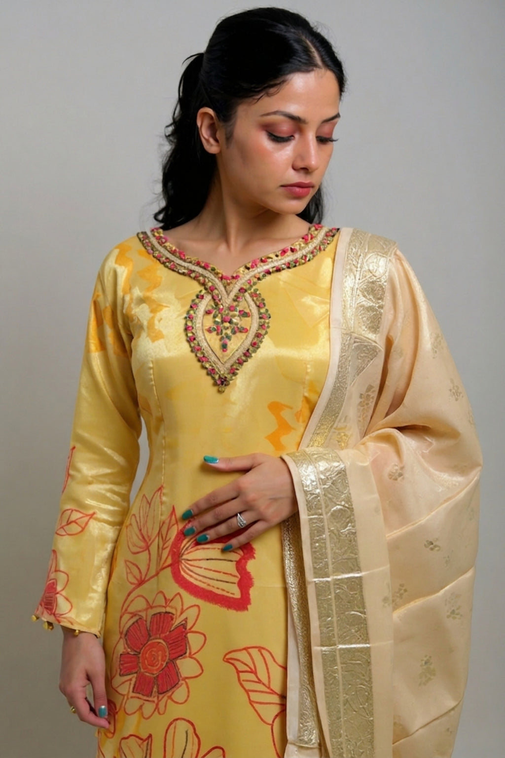 Pastel Yellow Floral Printed Crepe Kurta Set with Dupatta