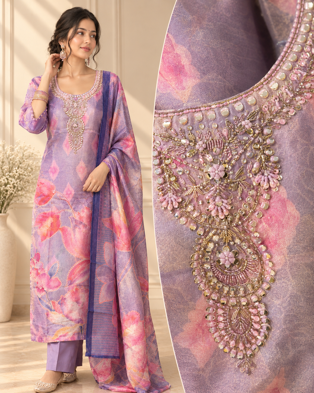 Mauve Floral Organza Silk Embroidered Kurta Set