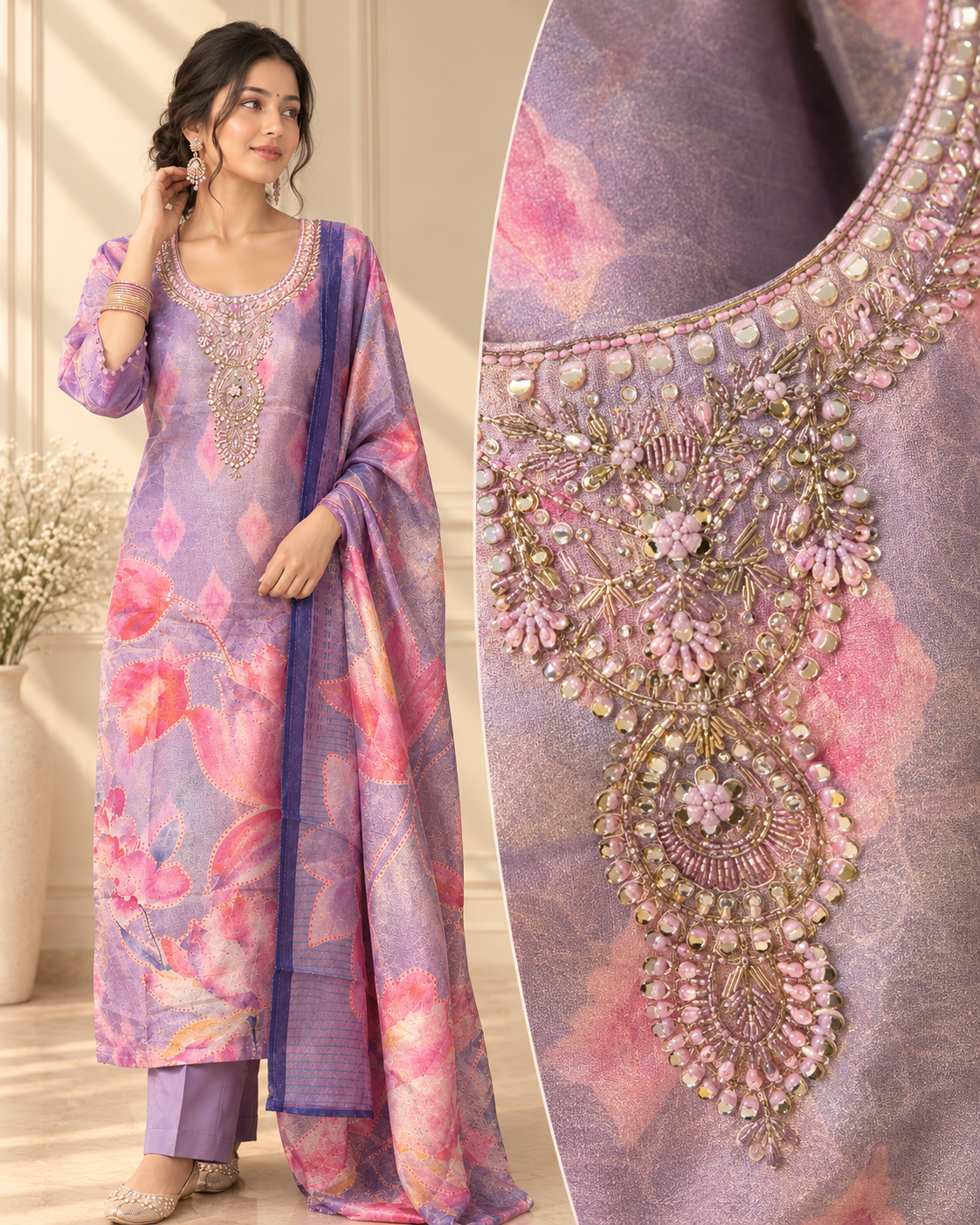 Mauve Floral Organza Silk Embroidered Kurta Set