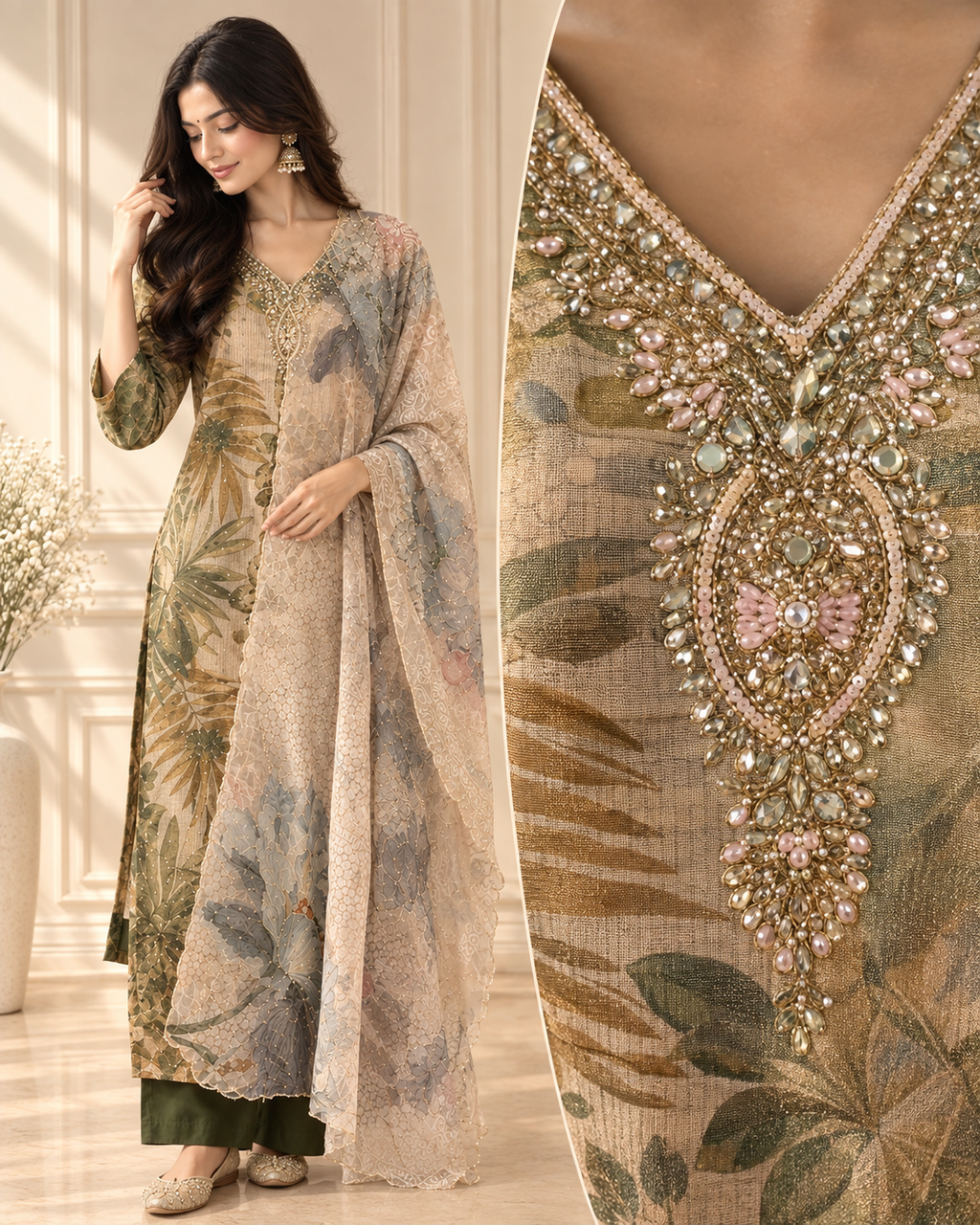 Earthy Botanica Embroidered Chanderi Silk Suit Set