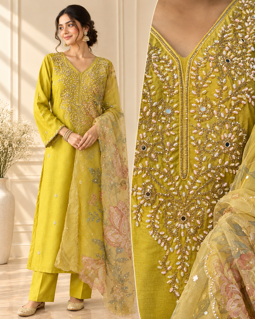 Mehendi Green Pearl Embroidered Kurta Set with Floral Dupatta